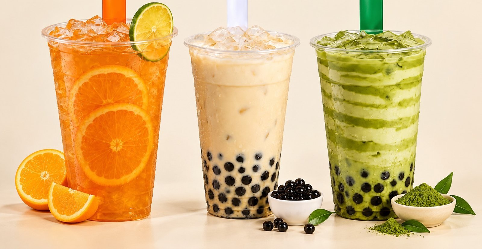 PureTea orange, boba and matcha drinks